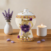 Medium White-Gold Traditional Clay Incense Burner - Purple Flower
