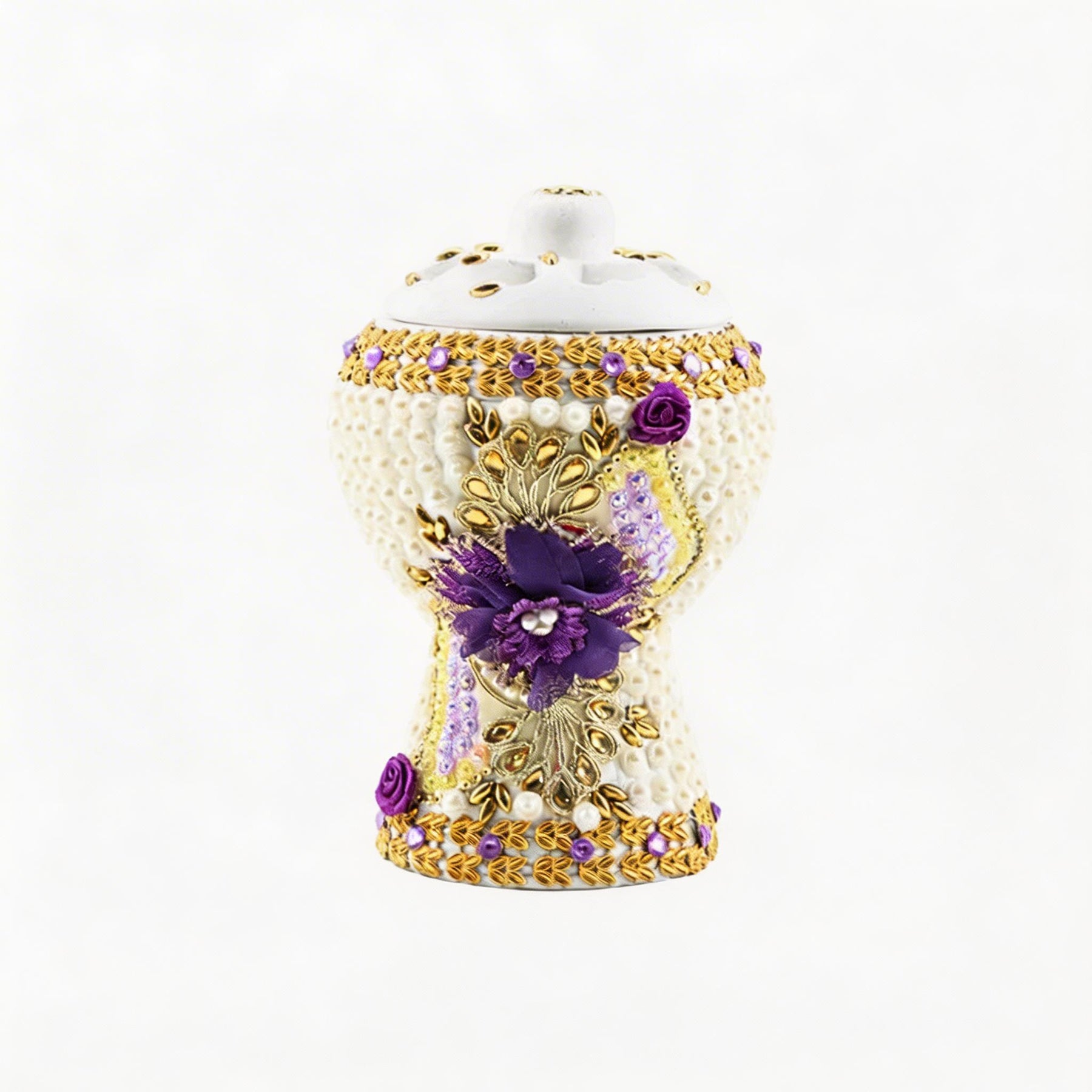 Medium White-Gold Traditional Clay Incense Burner - Purple Flower