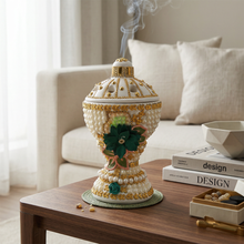 Large White-Gold Traditional Clay Incense Burner - Dark Green Design
