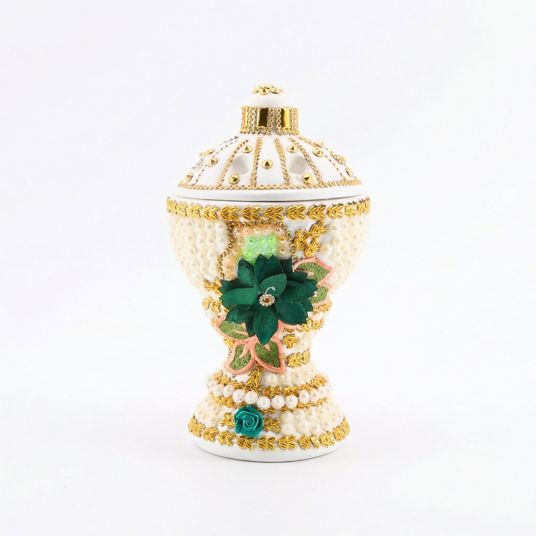 Large White-Gold Traditional Clay Incense Burner - Dark Green Design
