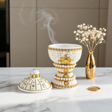 Large White-Gold Traditional Clay Incense Burner - Orange Sunflower