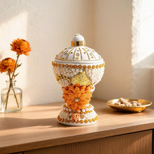 Large White-Gold Traditional Clay Incense Burner - Orange Sunflower