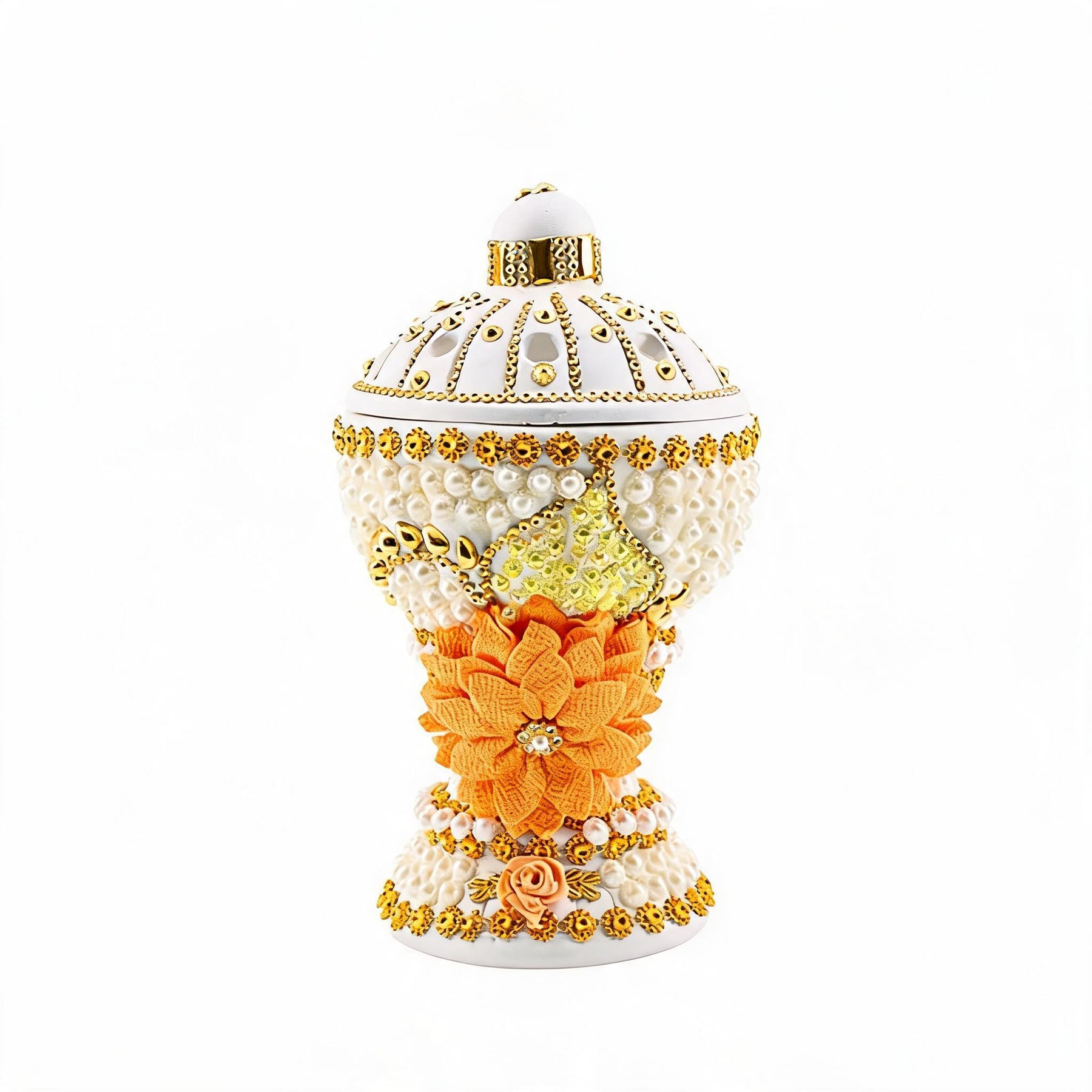 Large White-Gold Traditional Clay Incense Burner - Orange Sunflower