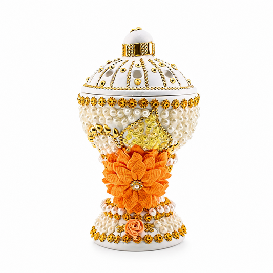 Large White-Gold Traditional Clay Incense Burner - Orange Sunflower