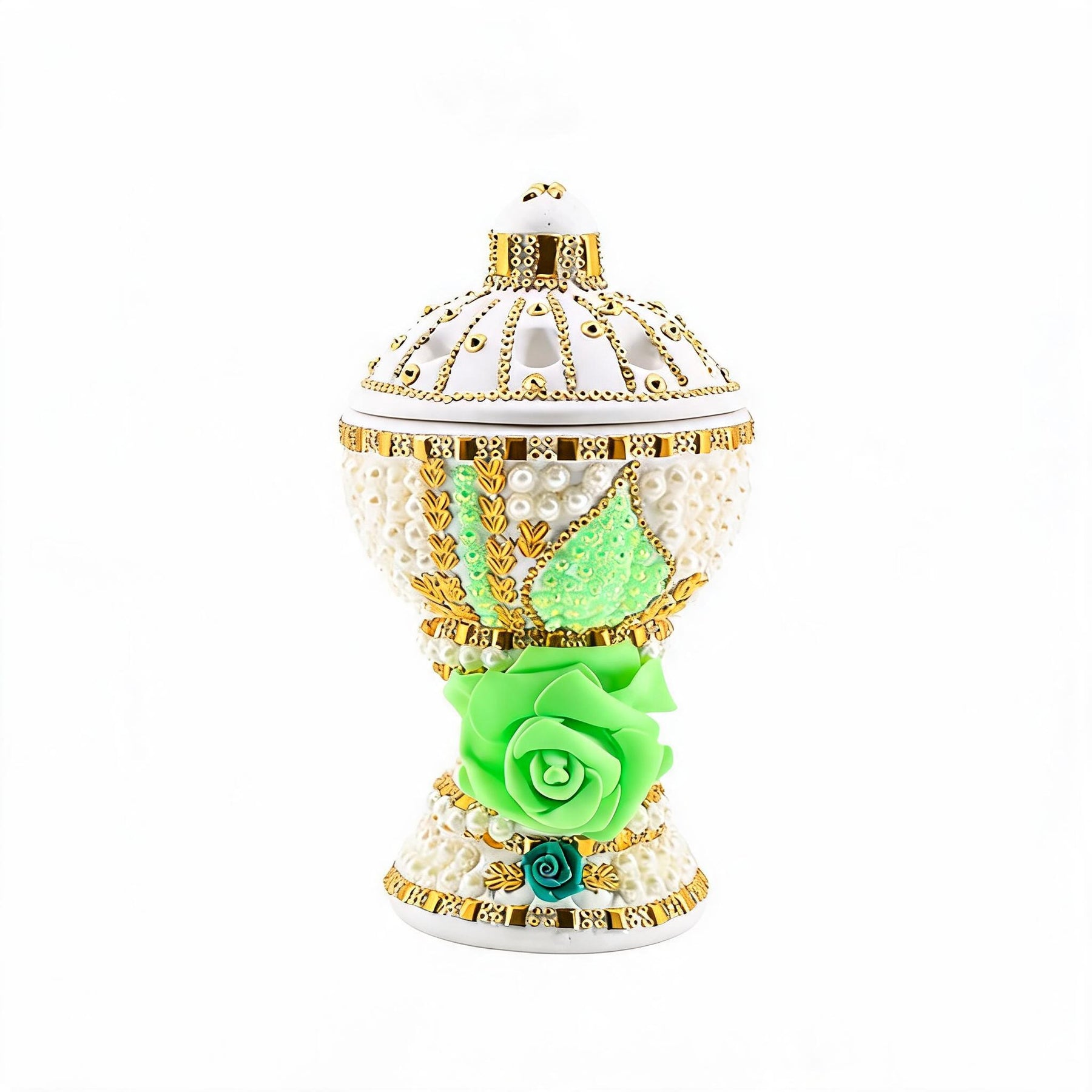 Large White-Gold Traditional Clay Incense Burner - Light Green Rose
