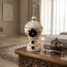 Large White-Gold Traditional Clay Incense Burner - Black-Pink Design