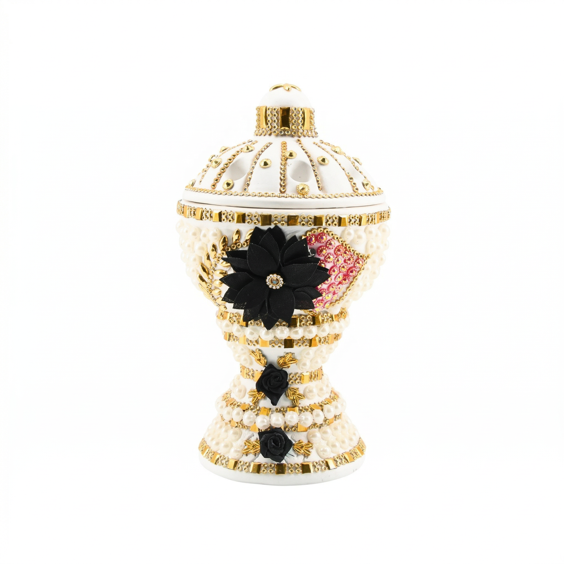Large White-Gold Traditional Clay Incense Burner - Black-Pink Design