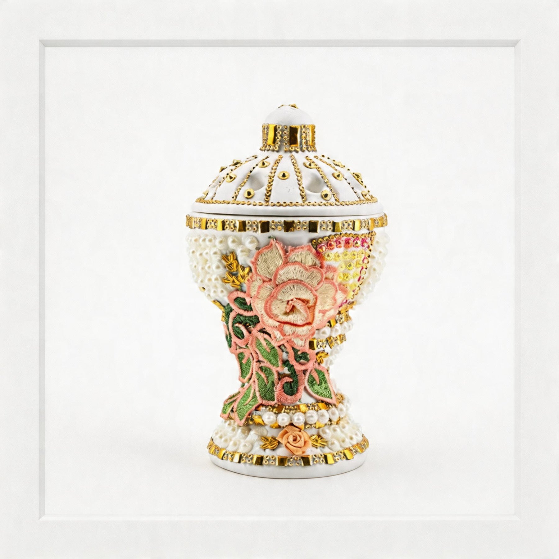 Large White-Gold Traditional Clay Incense Burner - Yellow-Green-Pink Design