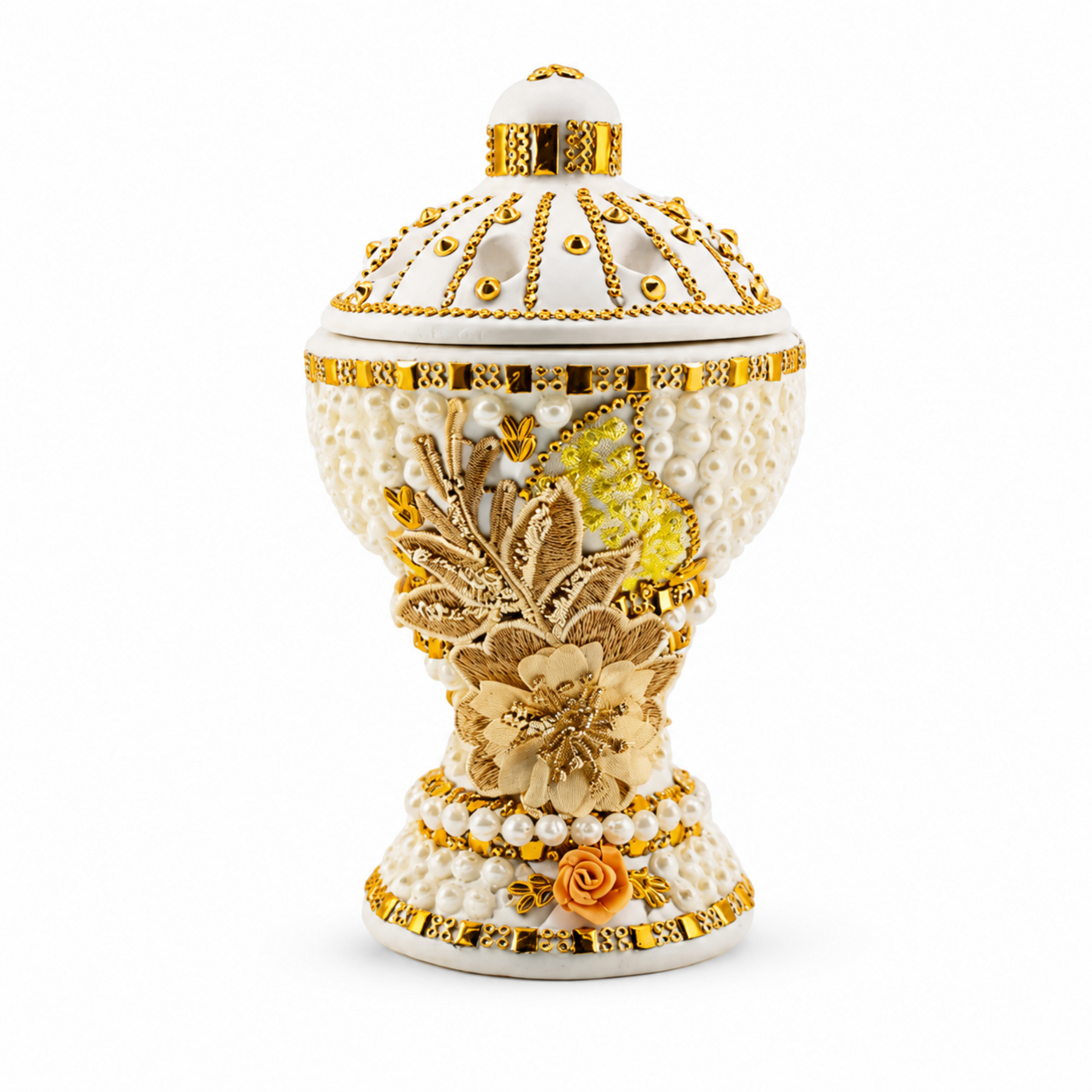 Large White-Gold Traditional Clay Incense Burner - Beige Design