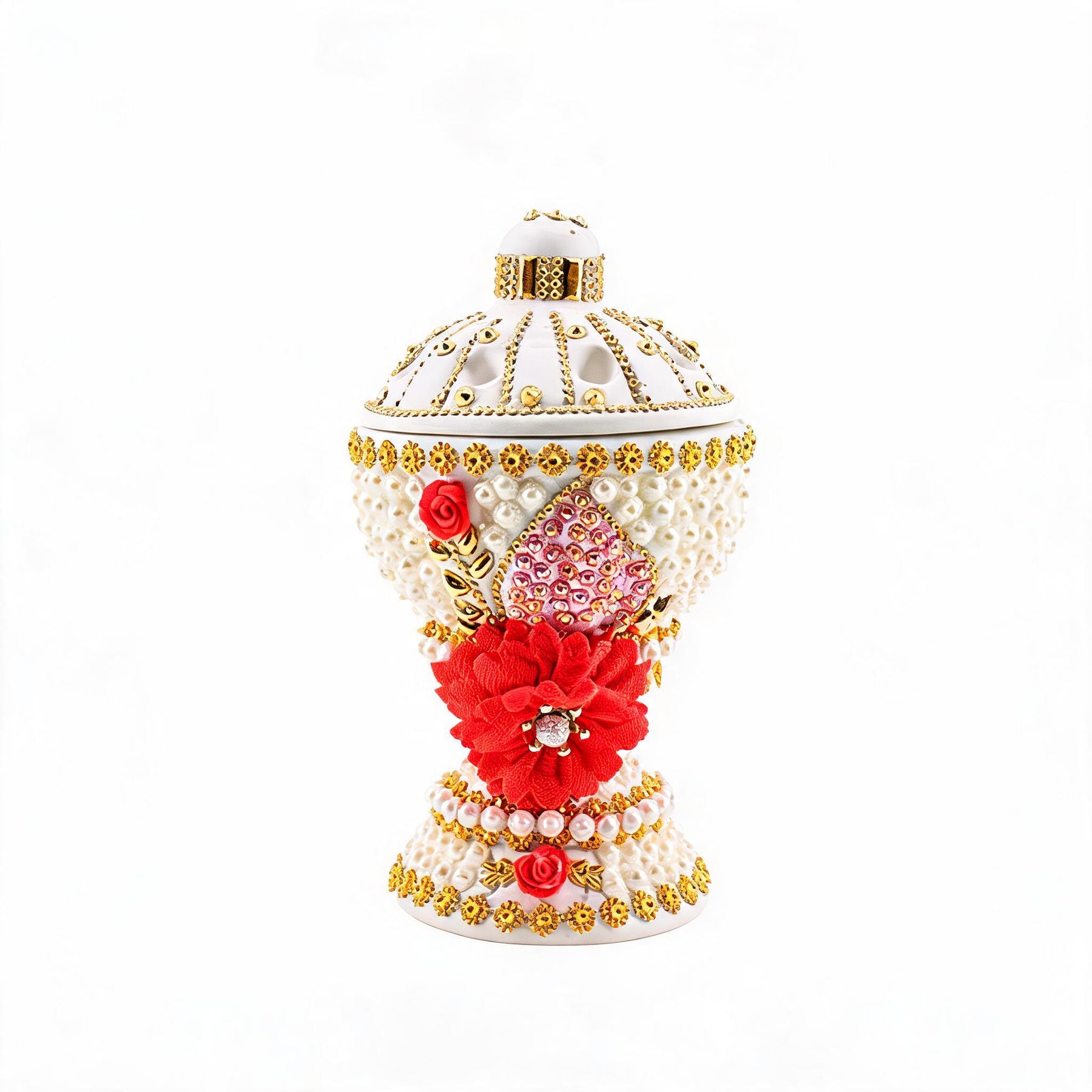 Large White & Gold Traditional Clay Incense Burner with Red Floral Design