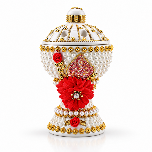 Large White-Gold Traditional Clay Incense Burner with Red Floral Design – 5 x 5 x 8.5 In