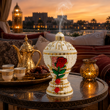 Large Traditional Clay Incense Burner with Lid, White and Gold with Red Rose Accent, Decorative Bakhoor and Bukhoor Burner