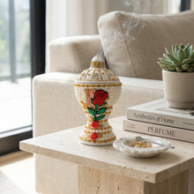 Large White-Gold Traditional Clay Incense Burner - Red Rose