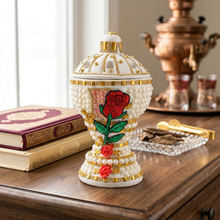 Large White-Gold Traditional Clay Incense Burner - Red Rose