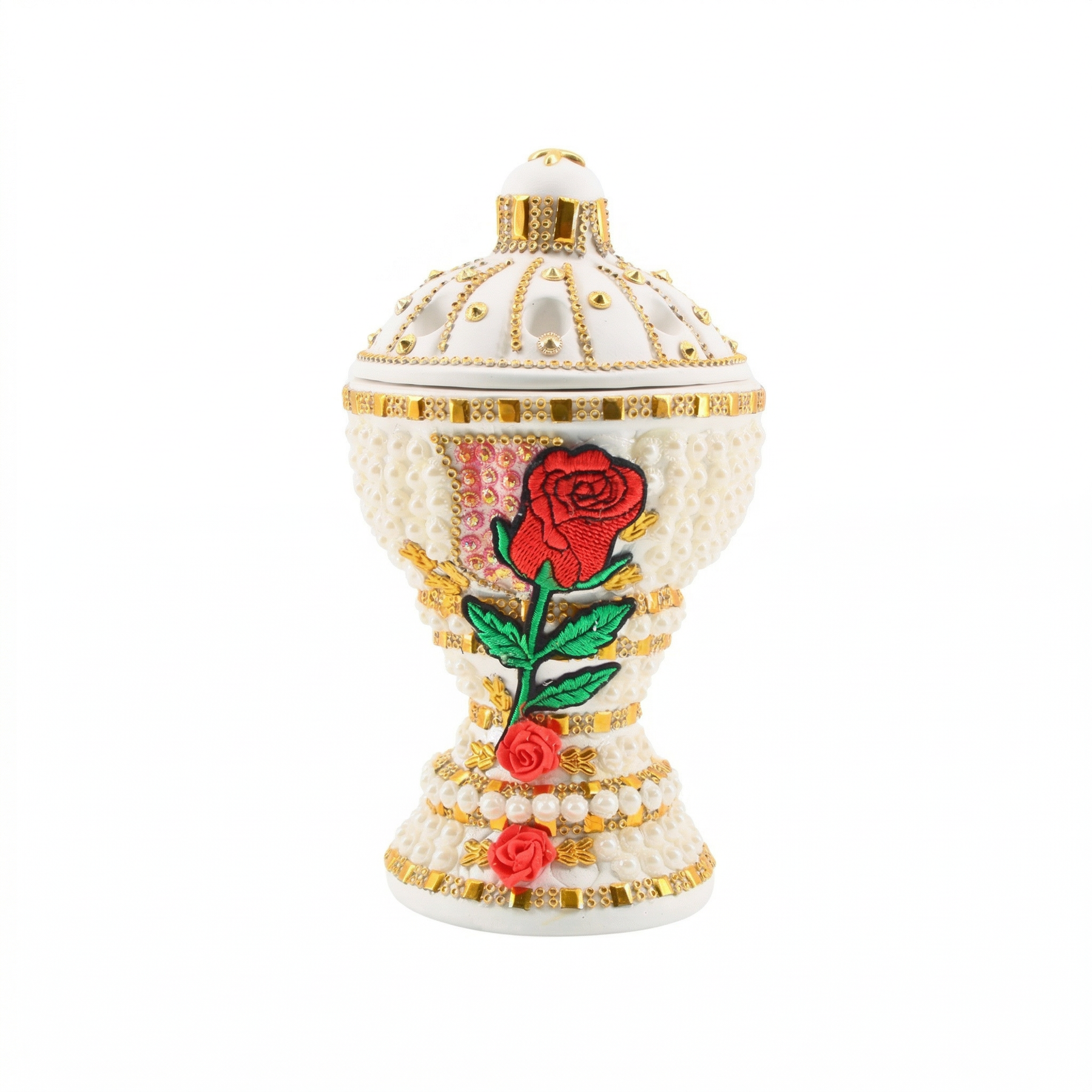 Large White-Gold Traditional Clay Incense Burner - Red Rose