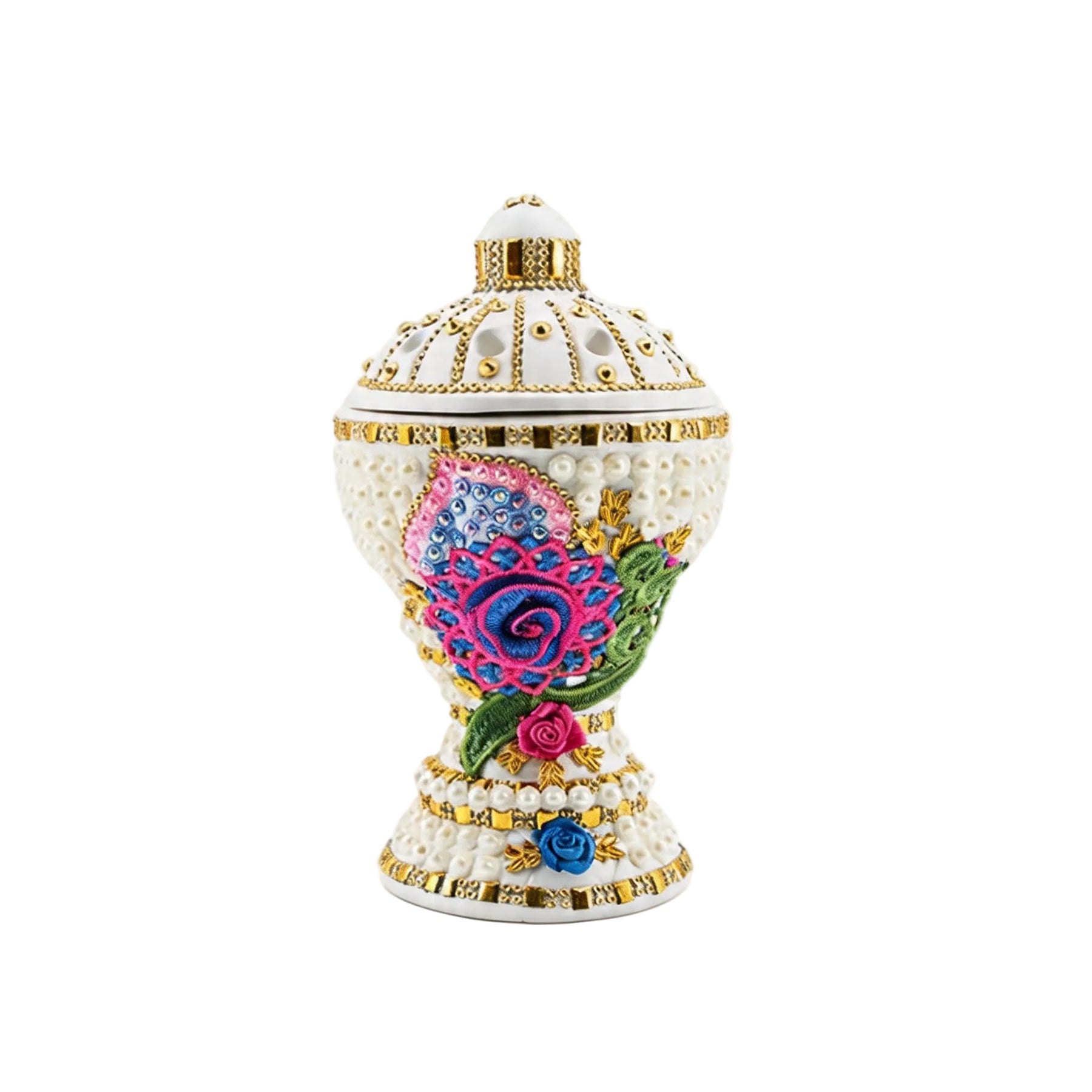 Large White-Gold Traditional Clay Incense Burner - Multi Color Design