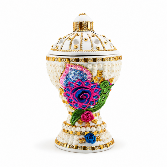 Large White-Gold Traditional Clay Incense Burner - Multi Color Design