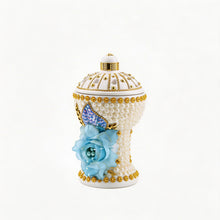 Large White-Gold Traditional Clay Incense Burner - Light Blue Flower