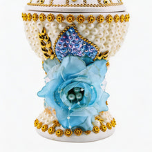 Large White-Gold Traditional Clay Incense Burner - Light Blue Flower