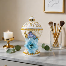 Large White-Gold Traditional Clay Incense Burner - Light Blue Flower