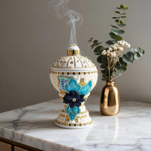 Large White-Gold Traditional Clay Incense Burner - Blue-Gold Flower