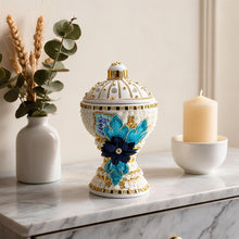 Large White-Gold Traditional Clay Incense Burner - Blue-Gold Flower