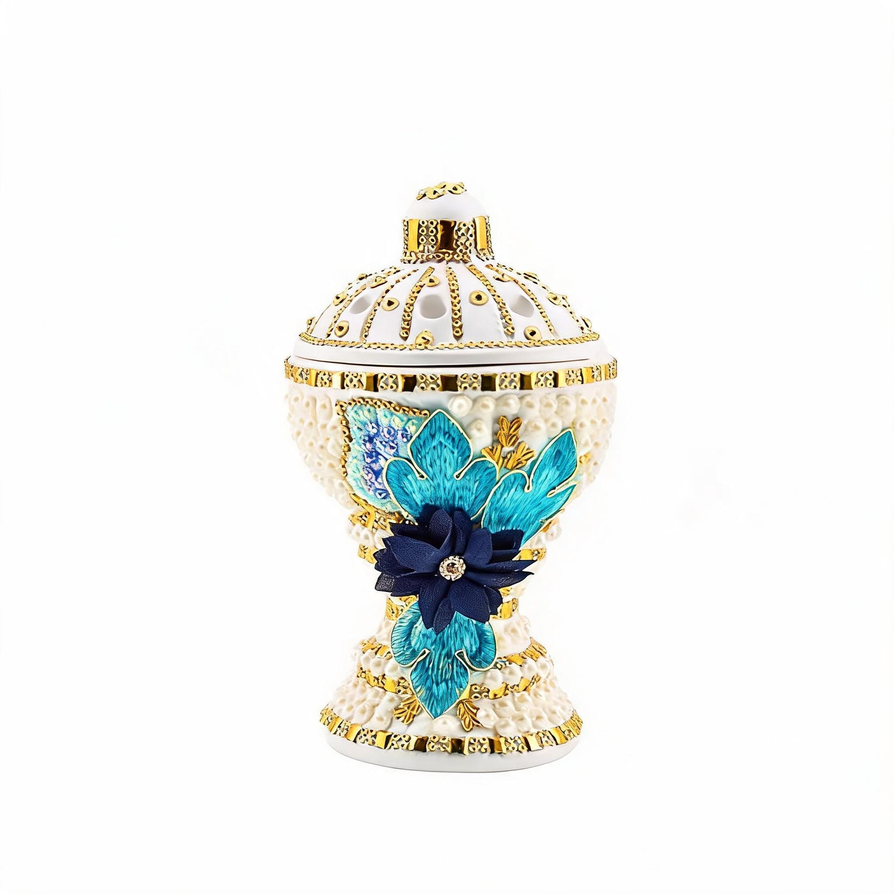 Large White-Gold Traditional Clay Incense Burner - Blue-Gold Flower