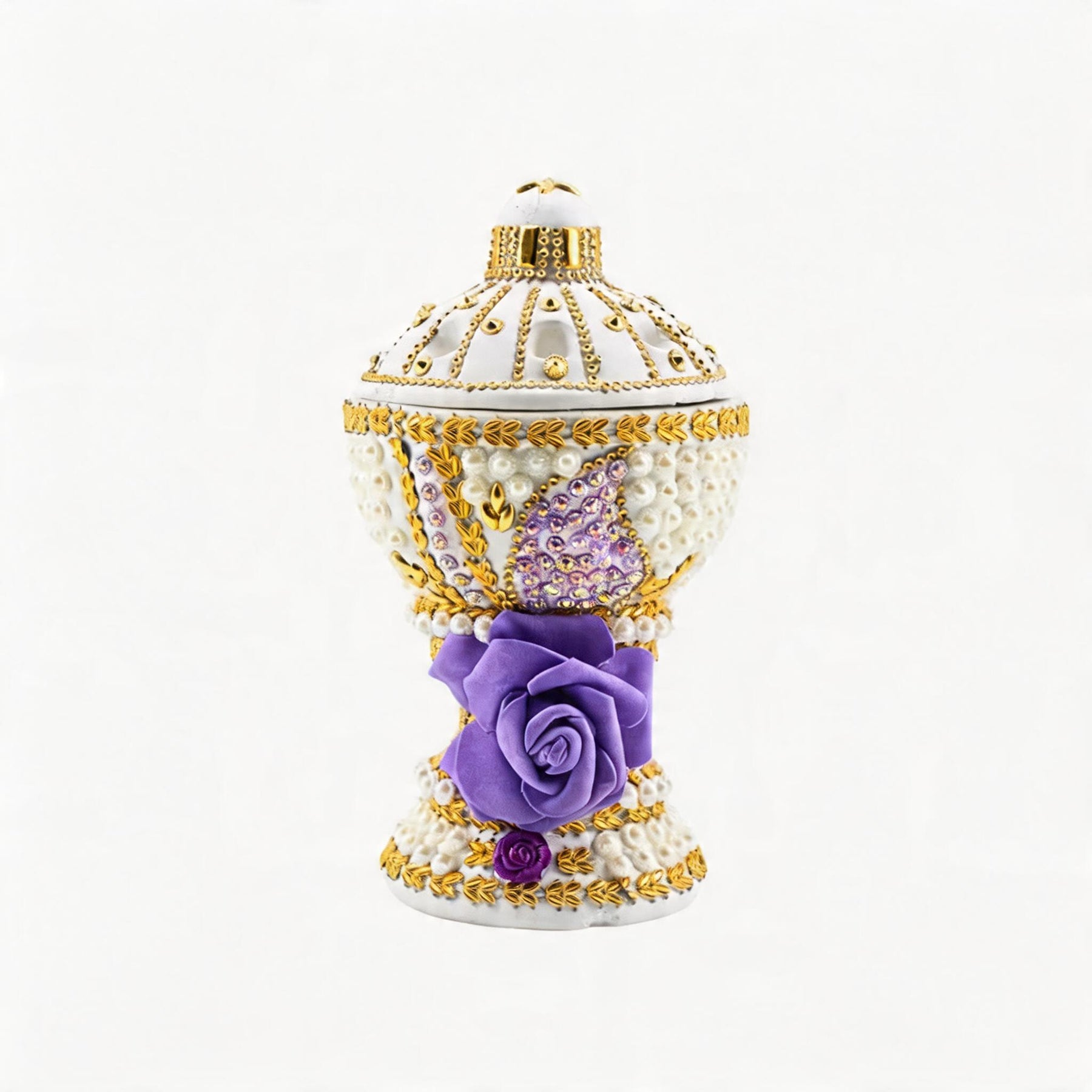 Large White-Gold Traditional Clay Incense Burner - Purple Flower