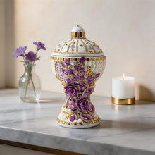 Large White-Gold Traditional Clay Incense Burner - Lavender Flower