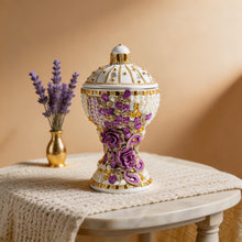 Large White-Gold Traditional Clay Incense Burner - Lavender Flower