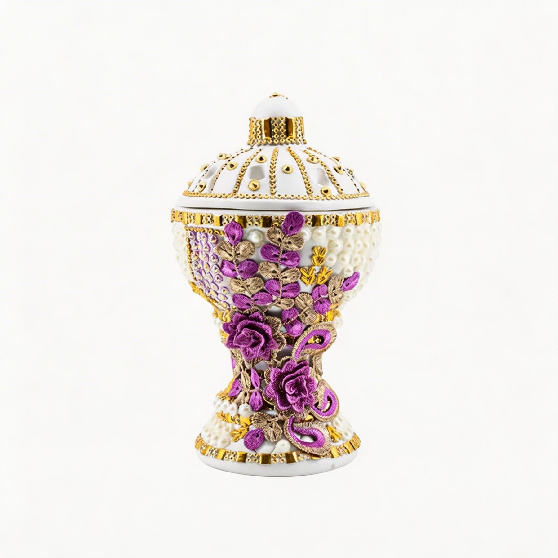 Large White-Gold Traditional Clay Incense Burner - Lavender Flower