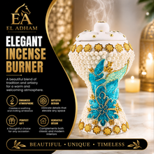 Extra Large Traditional Clay Incense Burner – White, Blue & Gold Floral Decorative Mabkhara, 5 x 5 x 8.5 in