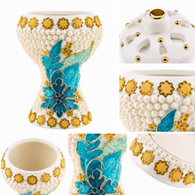 Extra Large Traditional Clay Incense Burner – White, Blue & Gold Floral Decorative Mabkhara, 5 x 5 x 8.5 in