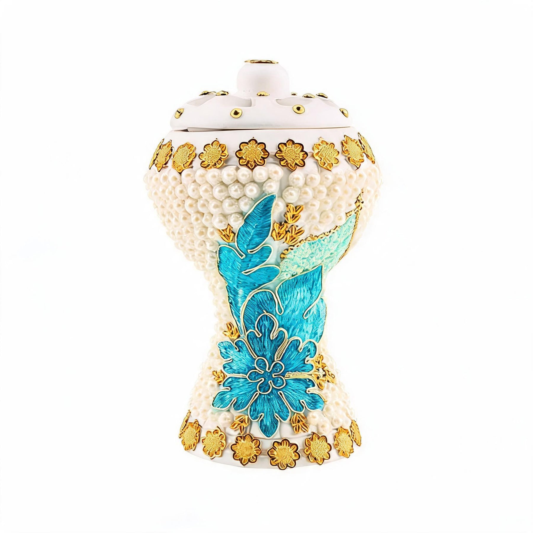 XLarge White-Gold Traditional Clay Incense Burner - Blue-Gold Flower