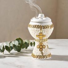 XLarge White-Gold Traditional Clay Incense Burner - Black Abstract Design