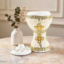 XLarge White-Gold Traditional Clay Incense Burner - Black Abstract Design