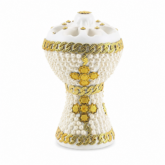 XLarge White-Gold Traditional Clay Incense Burner – Black Abstract Design