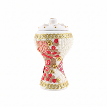 XLarge White-Gold Traditional Clay Incense Burner - Red-Beige Abstract Design