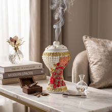 XLarge White-Gold Traditional Clay Incense Burner - Red-Beige Abstract Design