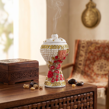 XLarge White-Gold Traditional Clay Incense Burner - Red-Beige Abstract Design