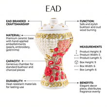 XLarge White-Gold Traditional Clay Incense Burner - Red-Beige Abstract Design