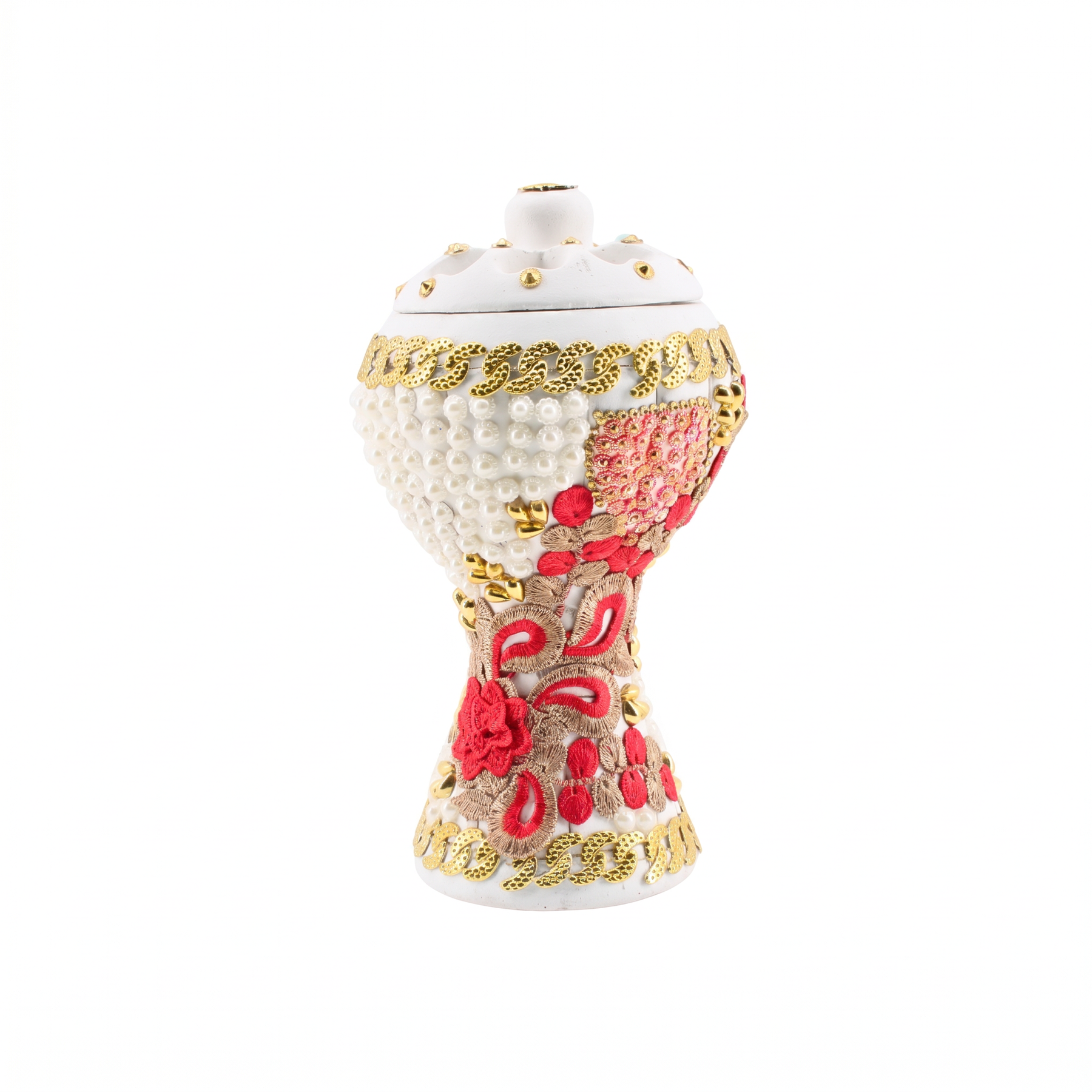 XLarge White-Gold Traditional Clay Incense Burner - Red-Beige Abstract Design