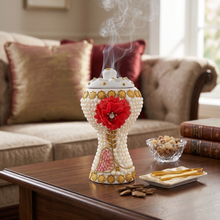XLarge White-Gold Traditional Clay Incense Burner - Red Flower