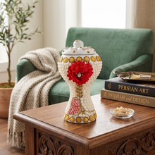 XLarge White-Gold Traditional Clay Incense Burner - Red Flower