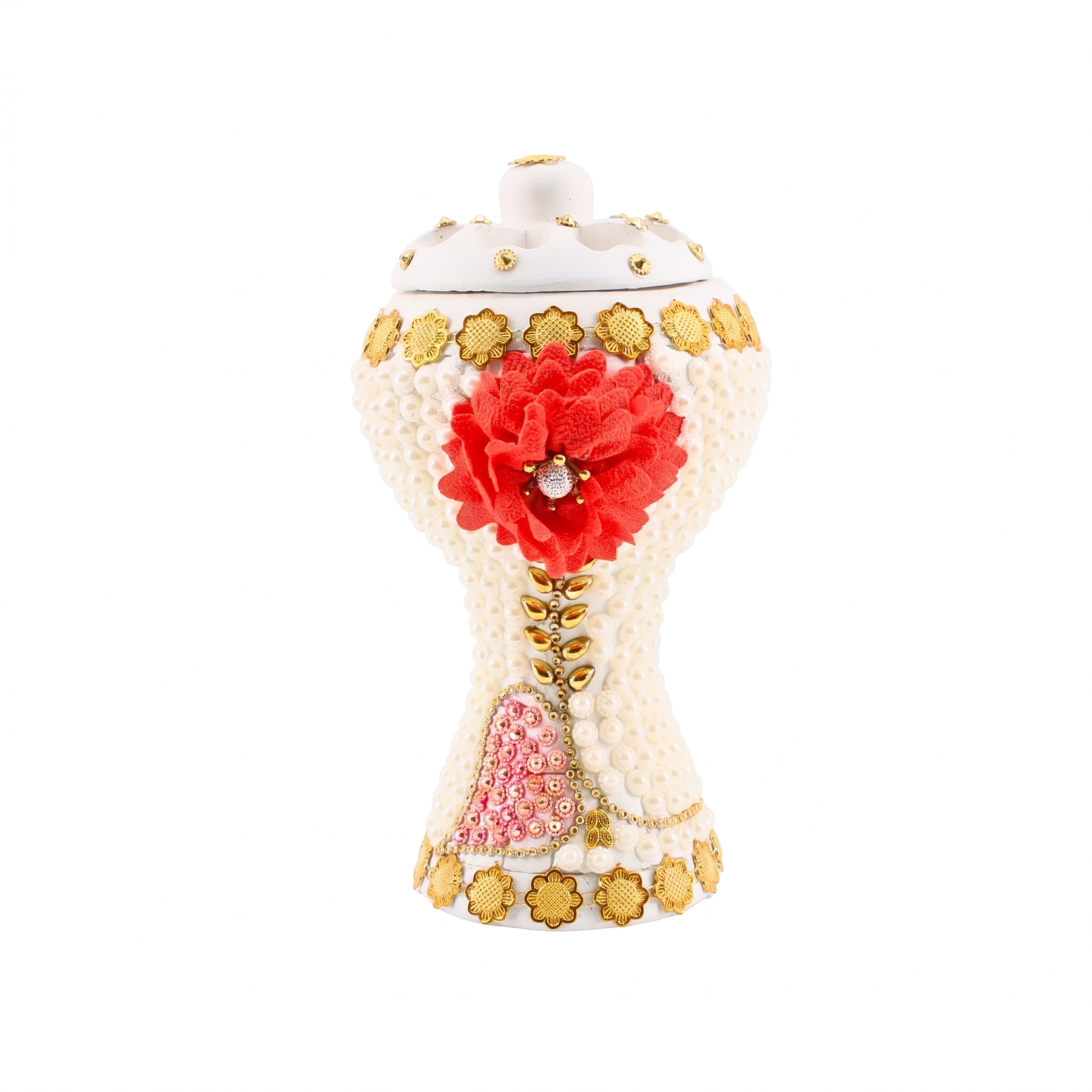 XLarge White-Gold Traditional Clay Incense Burner - Red Flower