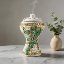 XLarge White-Gold Traditional Clay Incense Burner - Green-Beige Abstract Design