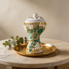 XLarge White-Gold Traditional Clay Incense Burner - Green-Beige Abstract Design