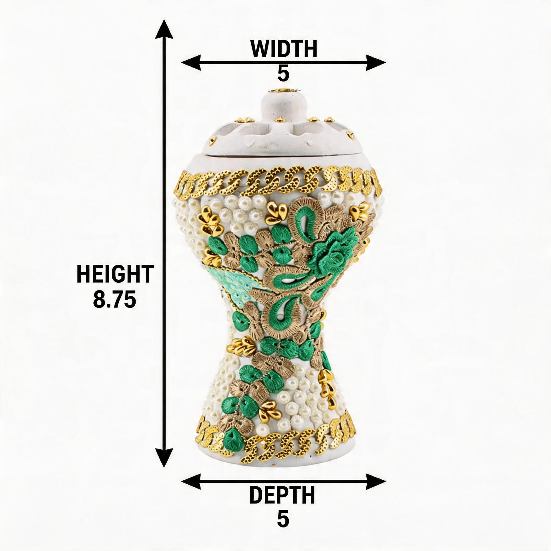 XLarge White-Gold Traditional Clay Incense Burner - Green-Beige Abstract Design