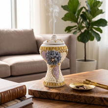 XLarge White-Gold Traditional Clay Incense Burner - Gray Flower