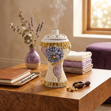 XLarge White-Gold Traditional Clay Incense Burner - Gray Flower